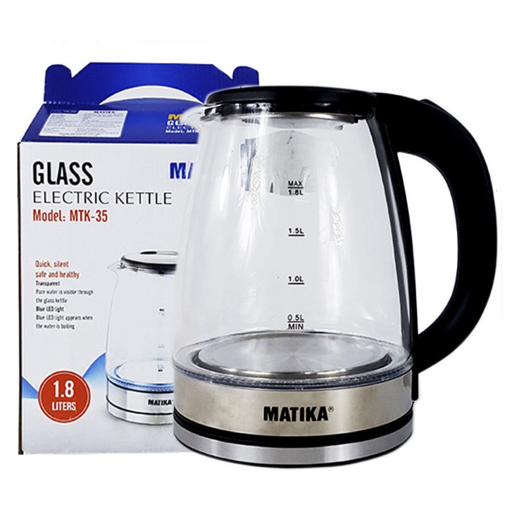 [Hàng chính hãng]Ấm Siêu Tốc Thủy Tinh 1.8L Matika MTK-35 Công Suất 1800W Thiết Kế Hiện Đại Trong Suốt Đun Nước Siêu Nhanh Có Đèn Led Khi Sôi