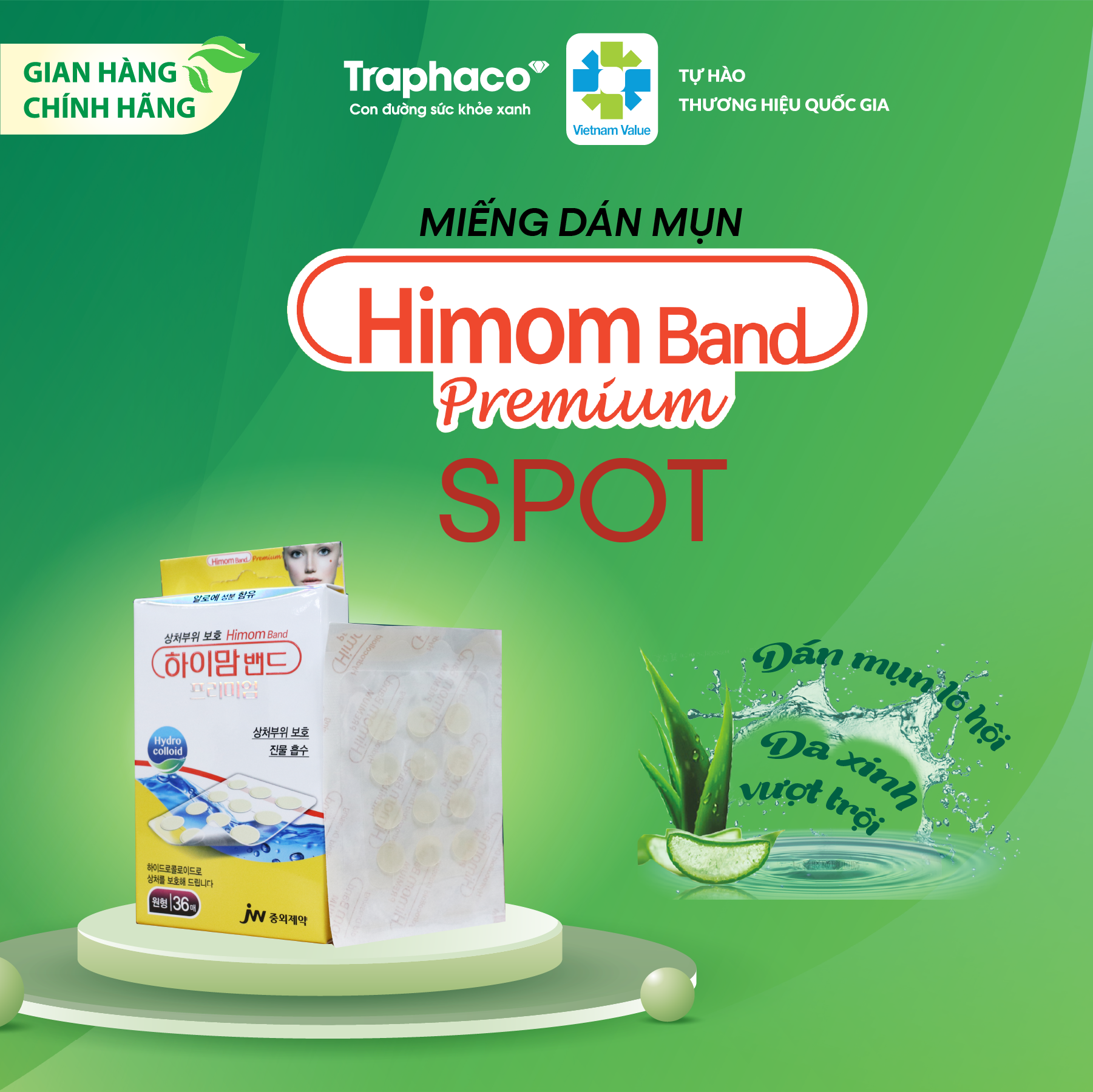 Dán Mụn Lô Hội Giảm Sưng Đỏ HIMOM SPOT JW Kháng Khuẩn, Kiểm Soát Dầu Giúp Da Xinh Vượt Trội Hộp 3 Vỉ x 12 Miếng x 1cm