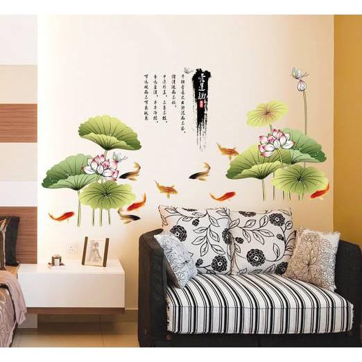 Decal dán tường combo 2 tranh tre xanh + cá và sen