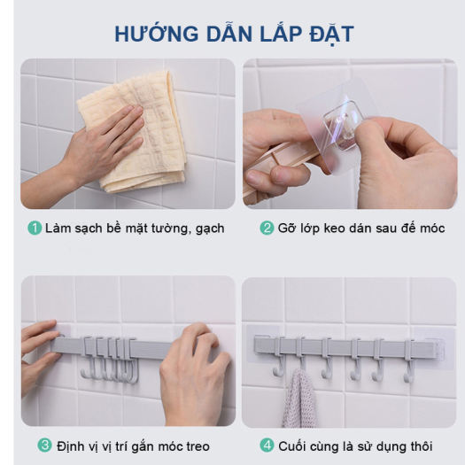 Thanh treo đồ dán tường,tủ quần áo, nhà bếp, có 6 móc chịu lực tốt - HENRYSA (Giao màu ngẫu nhiên