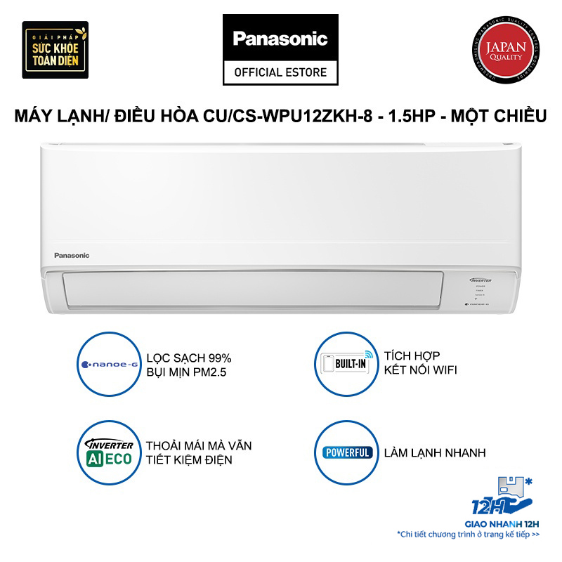 Máy lạnh/ Điều hòa Panasonic CU/CS-WPU12ZKH-8 - 1.5HP - Một chiều - Lọc sạch bụi mịn tới 99% - Inverter kết nối wifi - Hàng chính hãng