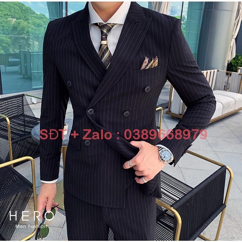 Vest Nam Hàn Quốc Kẻ Sọc, Bộ Vest Nam Cao Cấp Kẻ Sọc Đen, Suit Nam, Bộ Suit Nam Chất Vải Sịn