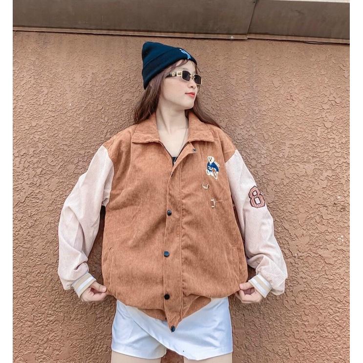 Áo khoác nhung bomber, áo bomber nhung gân maẫ thêu hình gấu, Áo Khoác Bomber Nhung 2 Lớp