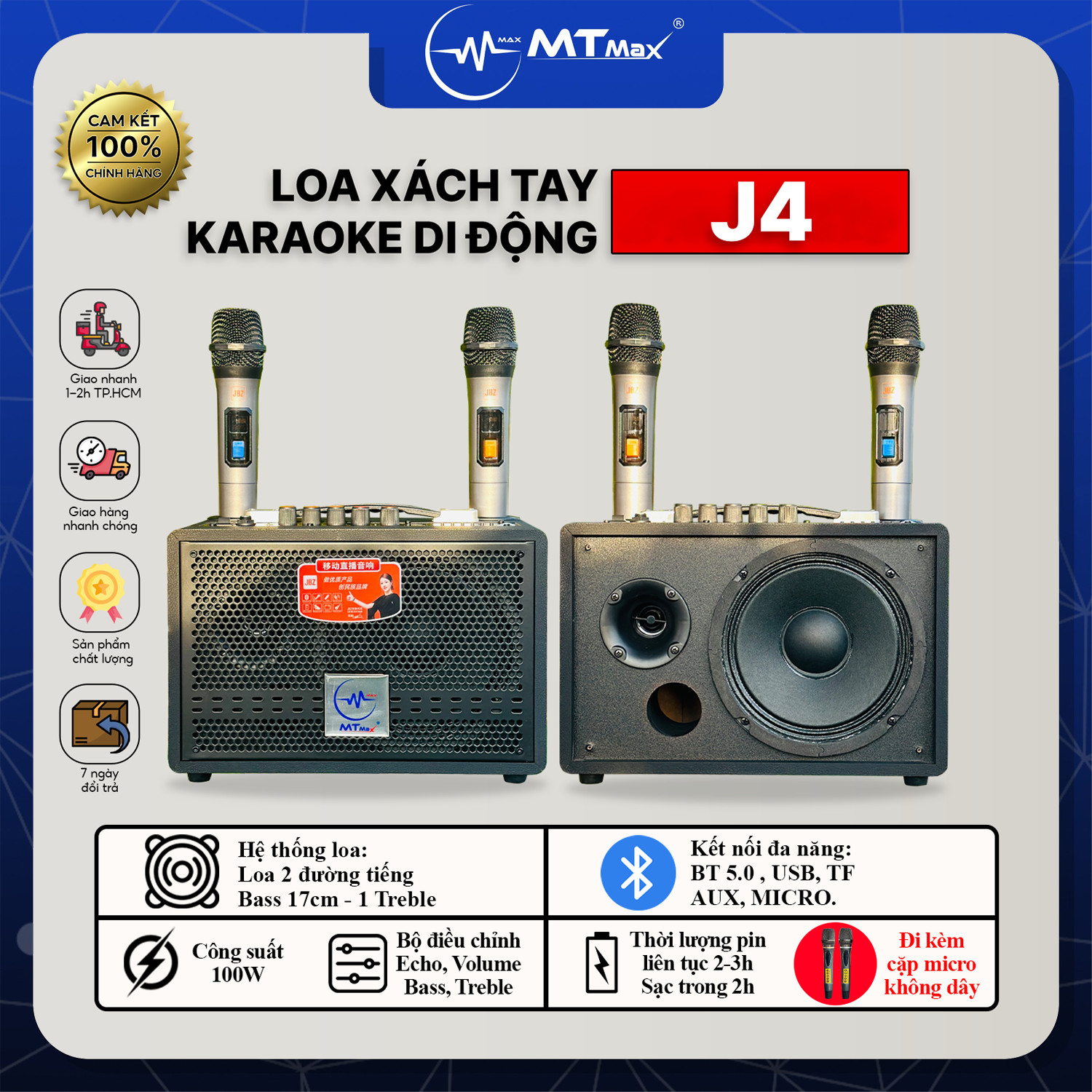 Loa Xách Tay Di Động JBZ J4- Loa 2 Đường Tiếng Bass 20cm Siêu Trầm Âm Thanh Mạnh Mẽ Vô Đối Đi Kèm 2 Micro Không Dây Bảo Hành 12 Tháng hàng chính hãng