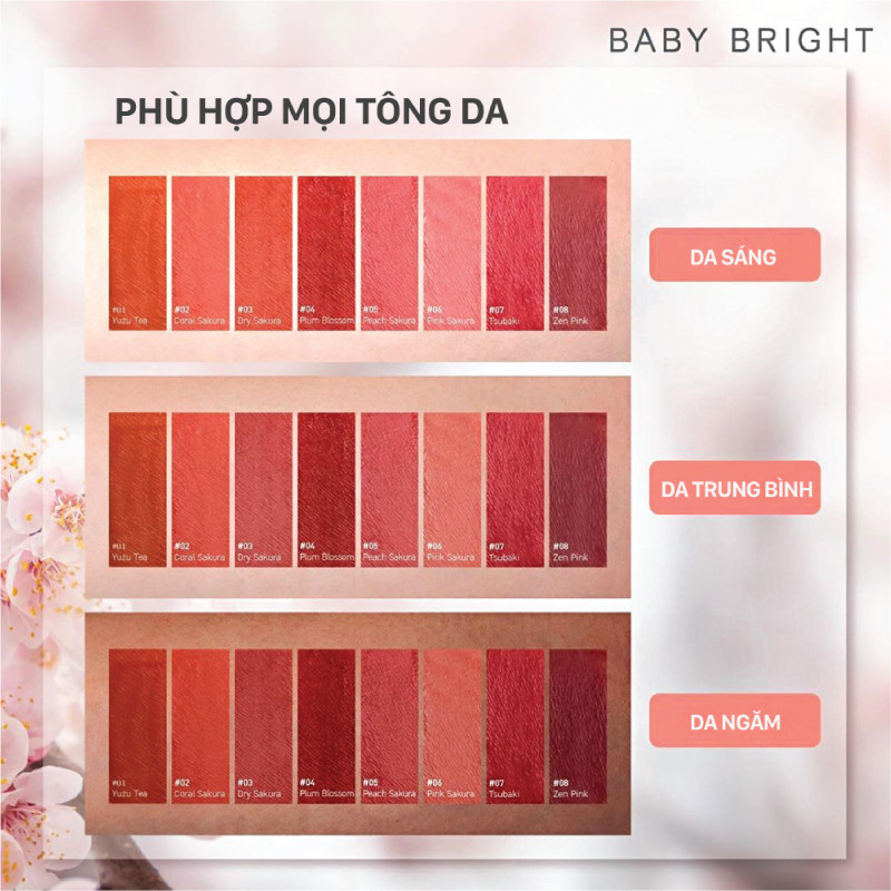 Son kem và má hồng Baby Bright Lip &amp; Cheek Velvet Cherry Blossom 2.4g