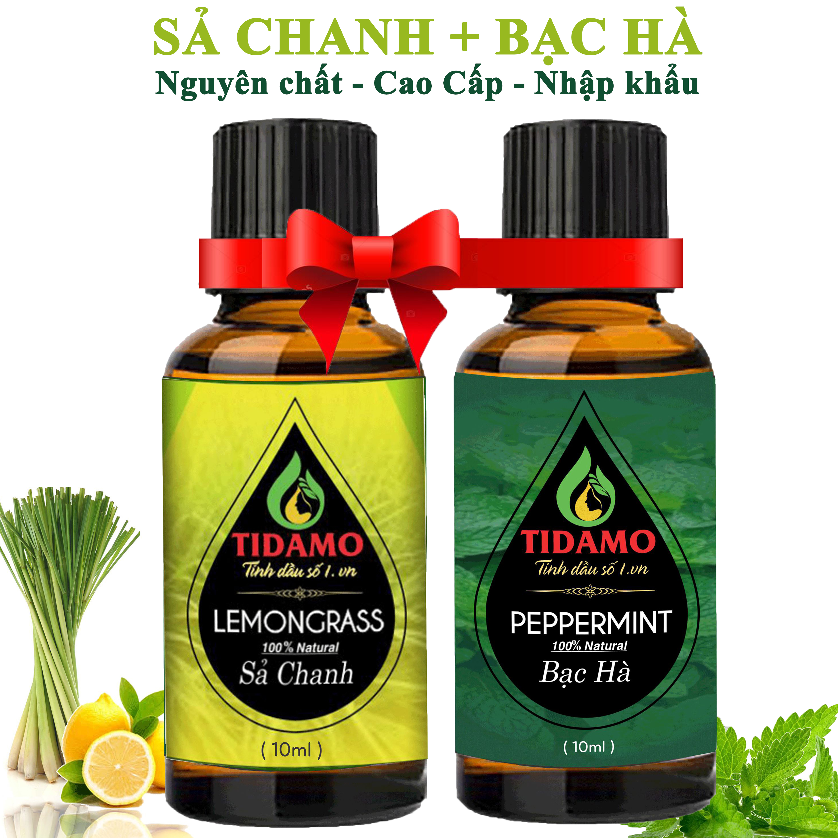 Combo 2 Tinh Dầu Sả Chanh (Lemongrass) + Tinh Dầu Bạc Hà (Peppermint) - Tinh Dầu TIDAMO Thiên Nhiên Nguyên Chất Giúp Thư Giãn, Đuổi Muỗi, Thơm Phòng và Nâng Cao Sức Khỏe (2 Chai 10ML) - Thích Hợp Dùng Với Máy Khuếch Tán Tinh Dầu