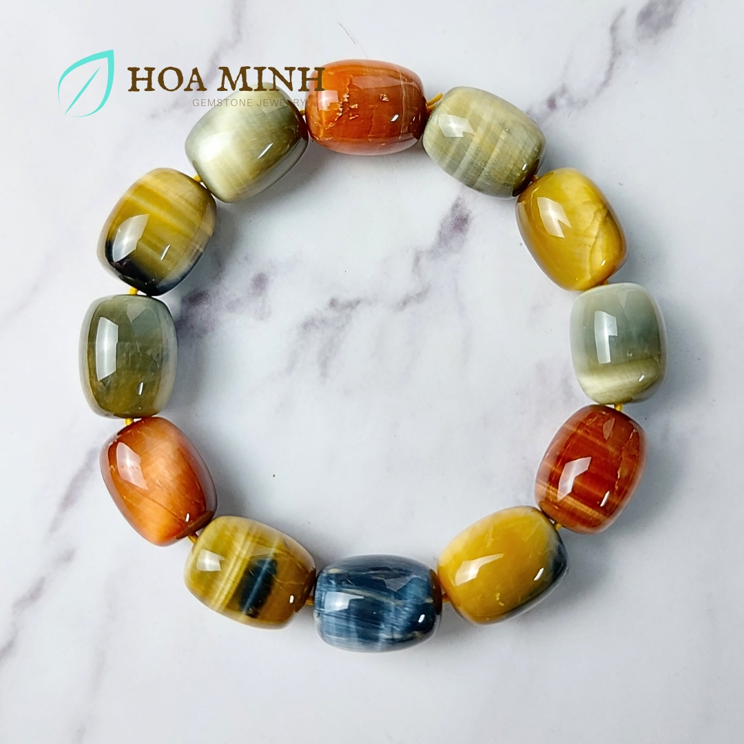 Vòng tay đá Mắt Hổ tam tài VIP thiên nhiên kiểu lu thống size 12x16mm phong thủy tài lộc