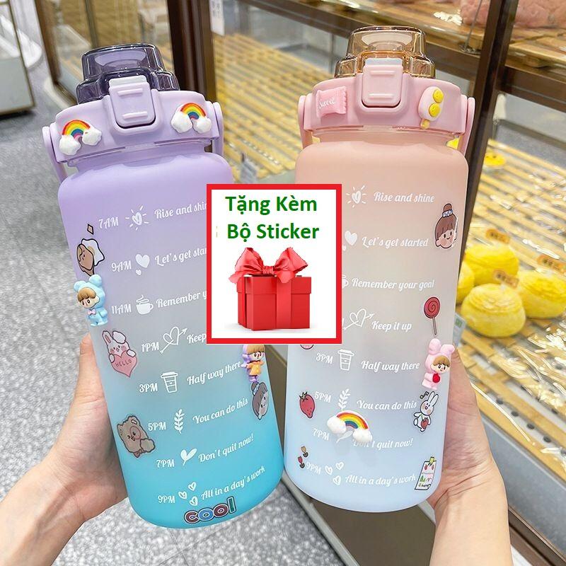 Bình nước 2 lít chia vạch Bình nước 2 lít có vạch kẻ chia ml siêu cute tặng kèm sticker tập gym, thể thao