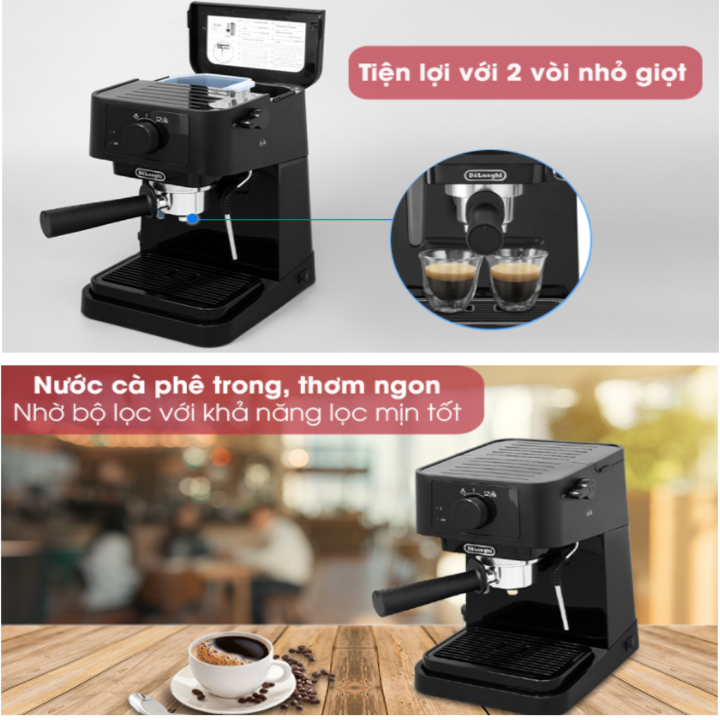 Máy pha cà phê Espresso nhãn hiệu Delonghi EC235.BK công suất 1100 (W) với dung tích 1 lít  Áp suất 15 bar - HÀNG NHẬP KHẨU