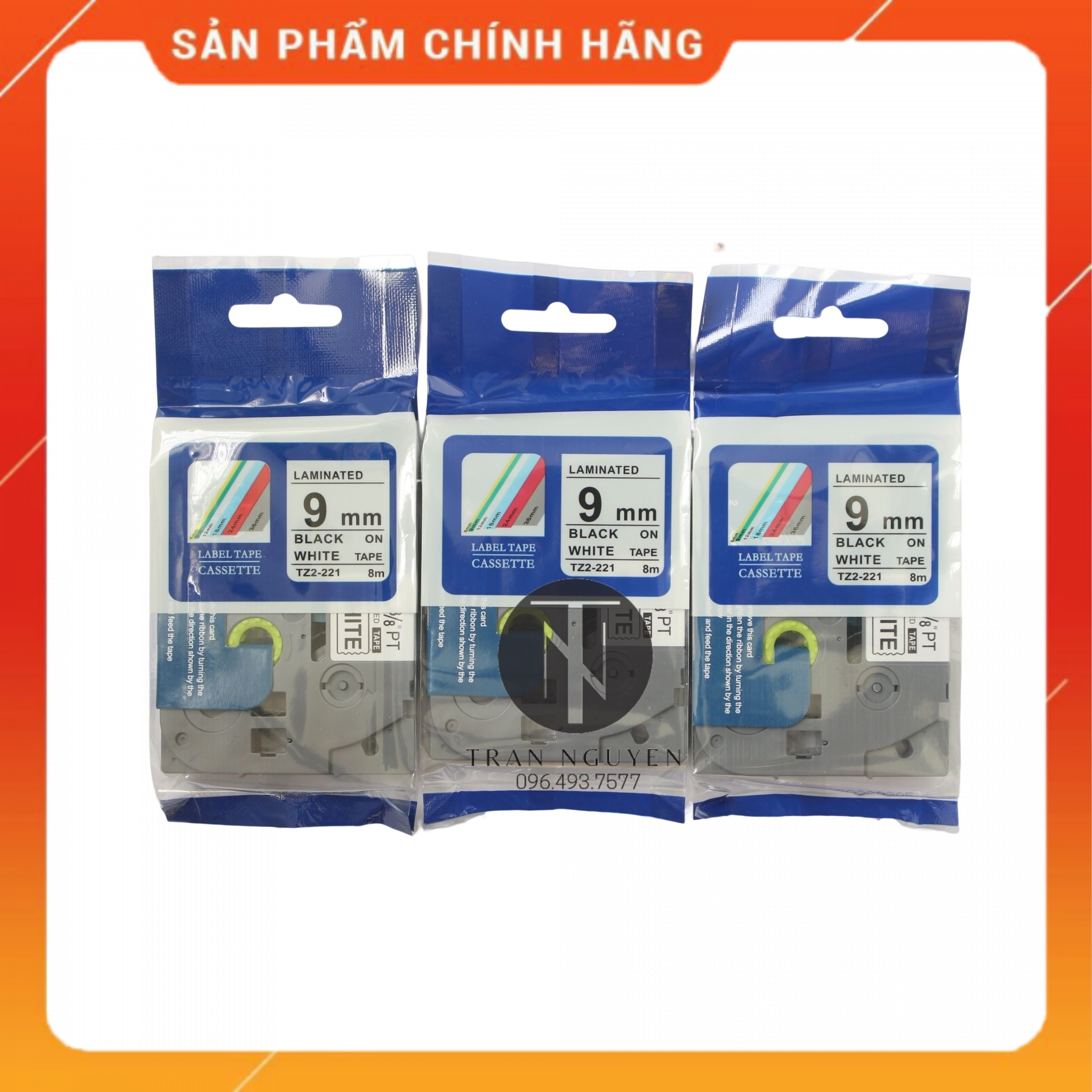 Nhãn In đa lớp Tz2-221 - Đen nền trắng 9mm x 8m - Hàng nhập khẩu