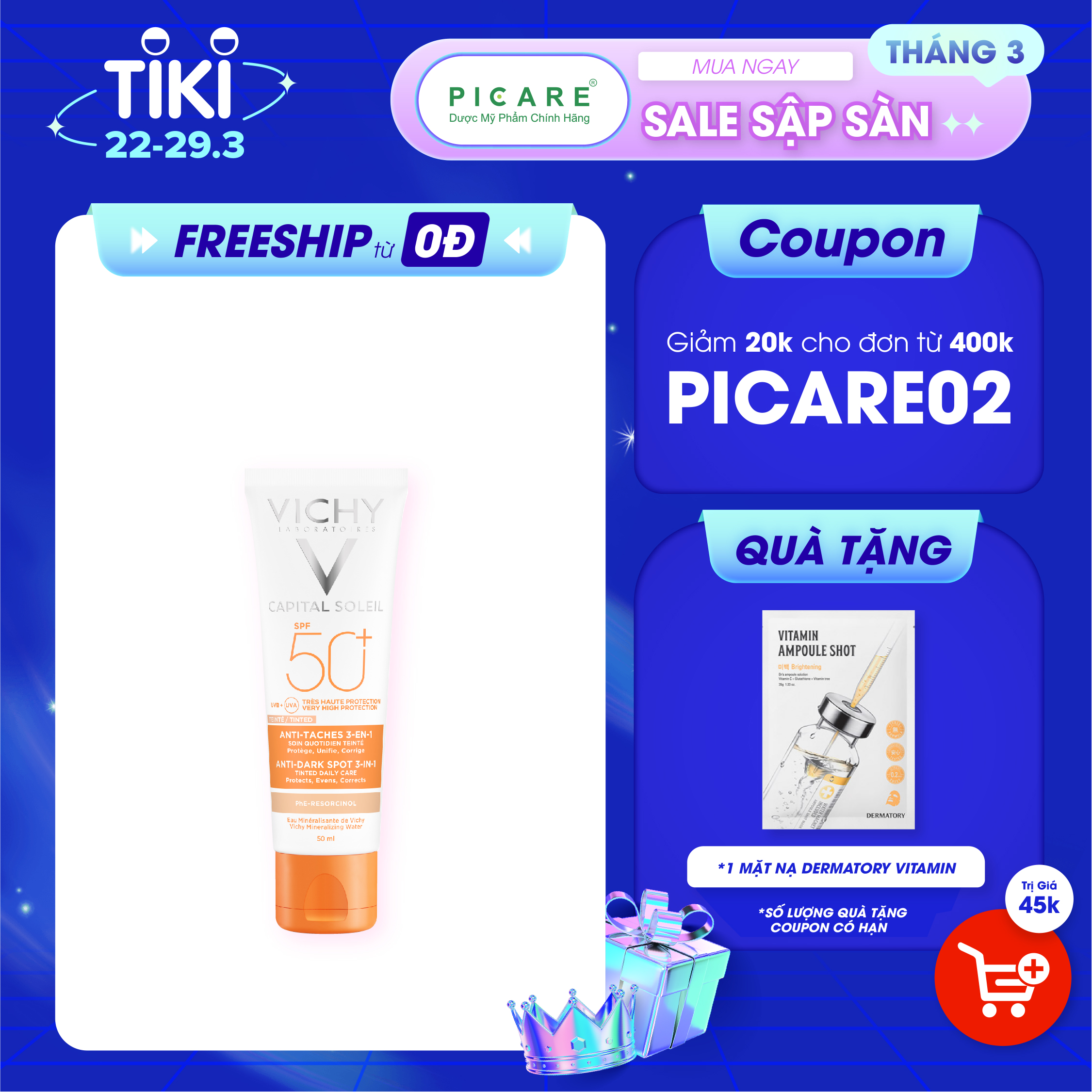 Kem Chống Nắng Vichy Ngừa Sạm Da, Giảm Thâm Nám (Màu Da) 50ml Capital Soleil Anti-Dark Spot 3-in-1 Tinted Daily Care SPF 50 UVA + UVB