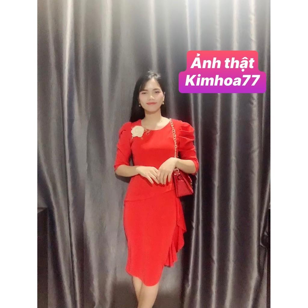 Đầm body dự tiệc phối bèo 1 bên đính hoa ở ngực cổ tròn tay lửng chất umi 2 màu đỏ và hồng Kimhoa77