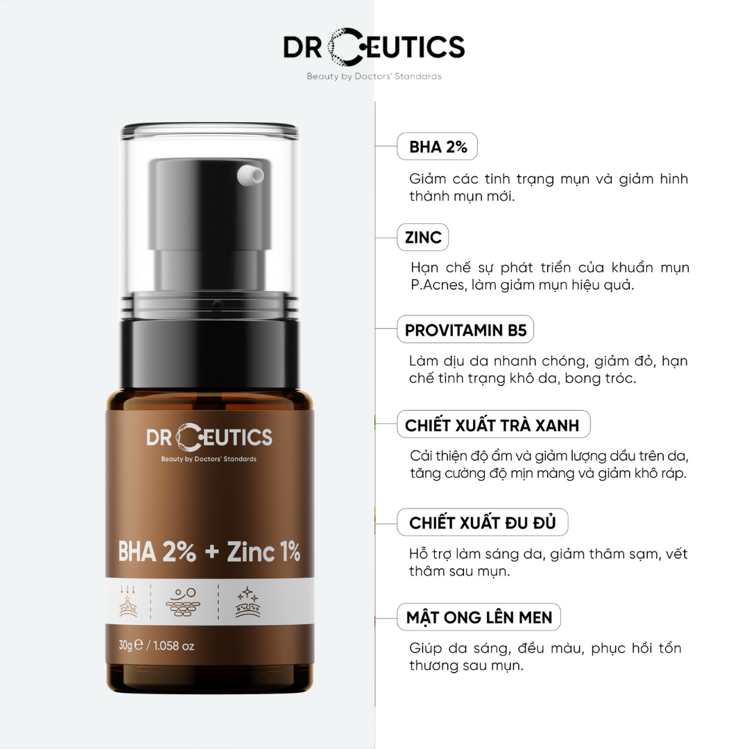 Serum BHA 2% + ZinC 1% DrCeutics Giảm Mụn Và Giảm Sưng Mụn