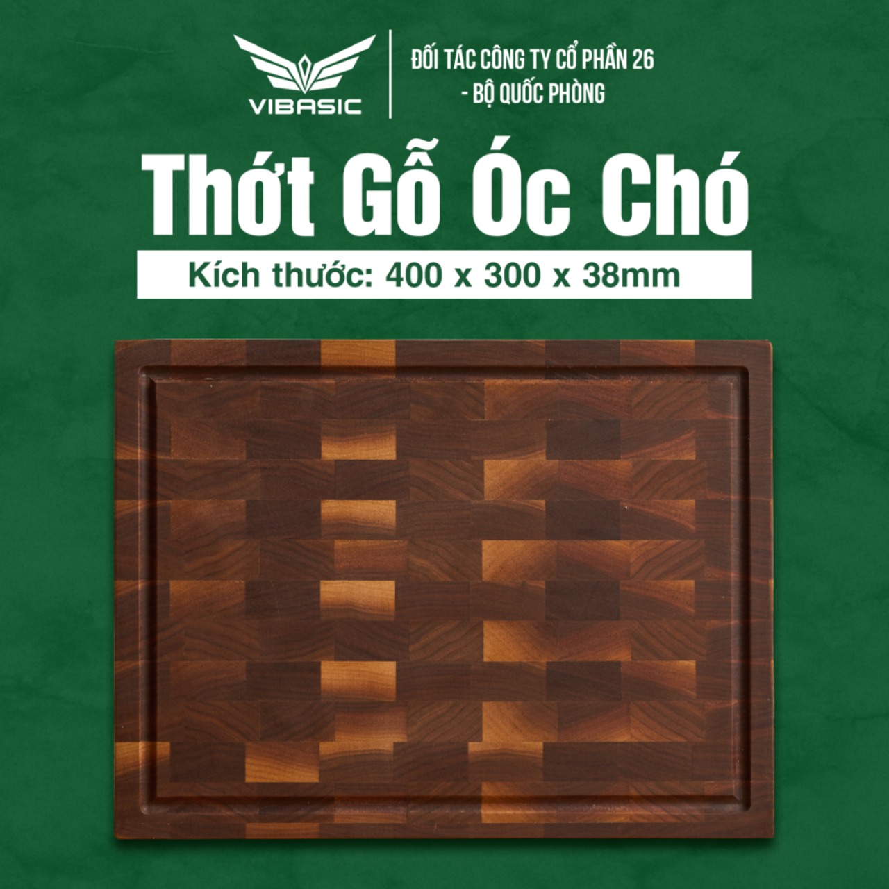 Thớt gỗ óc chó Vibasic kích thước 400x300x38mm, dùng để cắt thái và chặt, kèm hộp quà tặng cao cấp - Hàng chính hãng Bộ Quốc Phòng