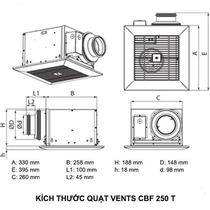 Quạt Thông Gió Âm Trần Vents CBF 250 T Thân Thép- Hàng Chính Hãng