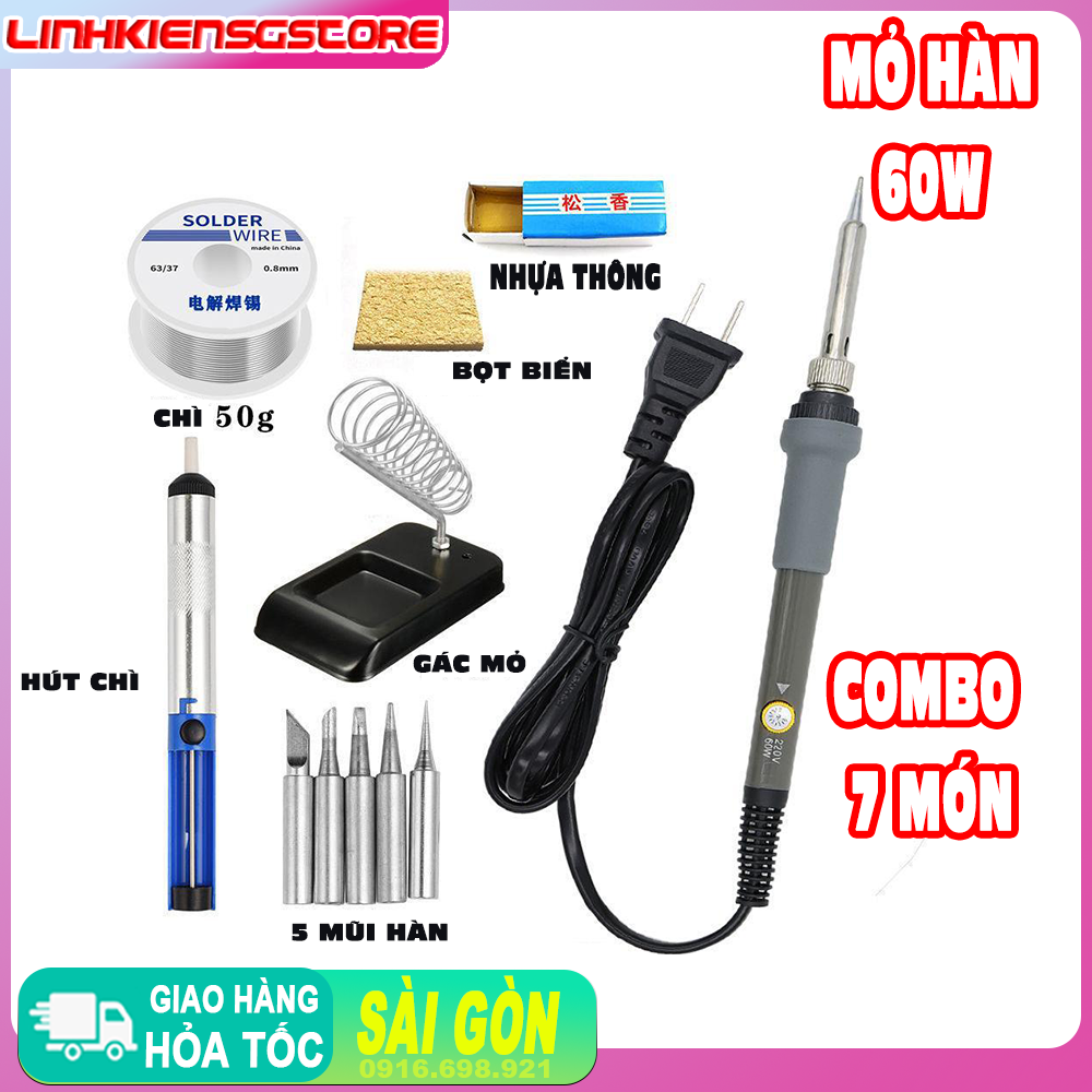 Combo 7 món mỏ hàn 60w 5 mũi hàn, chì 50g , hút chì , gác lò xo, nhựa thông , bọt biển