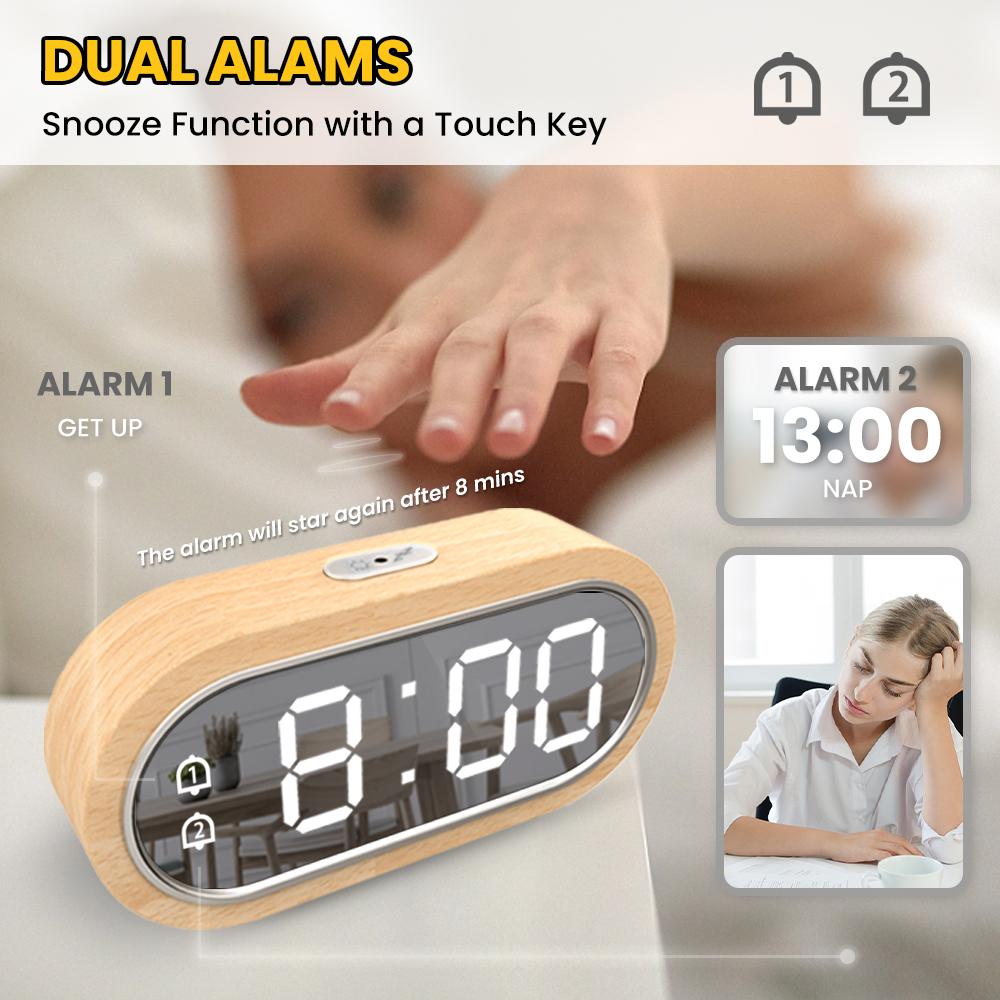 Beech Wood Digital Clock Dual Alarm Snooze USB Alarm Clock Table Thermometer Electronic LED Wooden Desk Clock 4-Level Brightness for Living Room Office