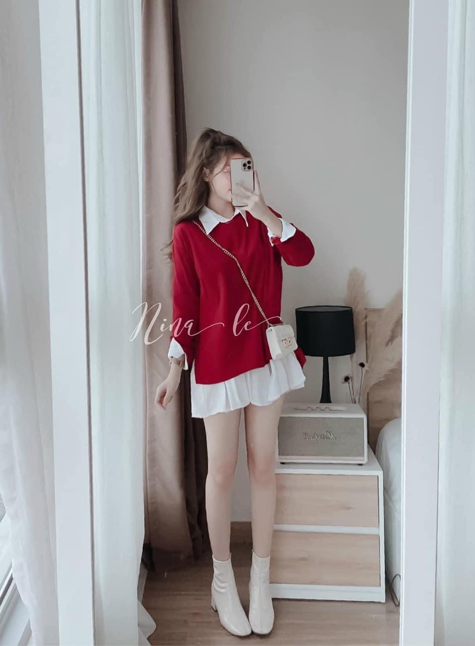 SET ĐẦM SƠ MI SUÔNG TRƠN VÁY XẾP LY NHẸ + ÁO THUN ĐỎ TRƠN TAY DÀI DẠO PHỐ DỰ TIỆC GIÁNG SINH NOEL