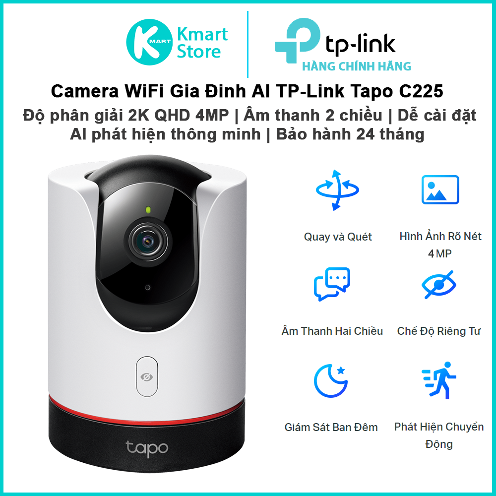 Camera WiFi AI An Ninh TP-Link Tapo C225 | Độ phân giải 2K 4MP | Dễ dàng cài đặt | Hộ trợ HomeKit | Bảo hành 24 tháng | Hàng Chính Hãng