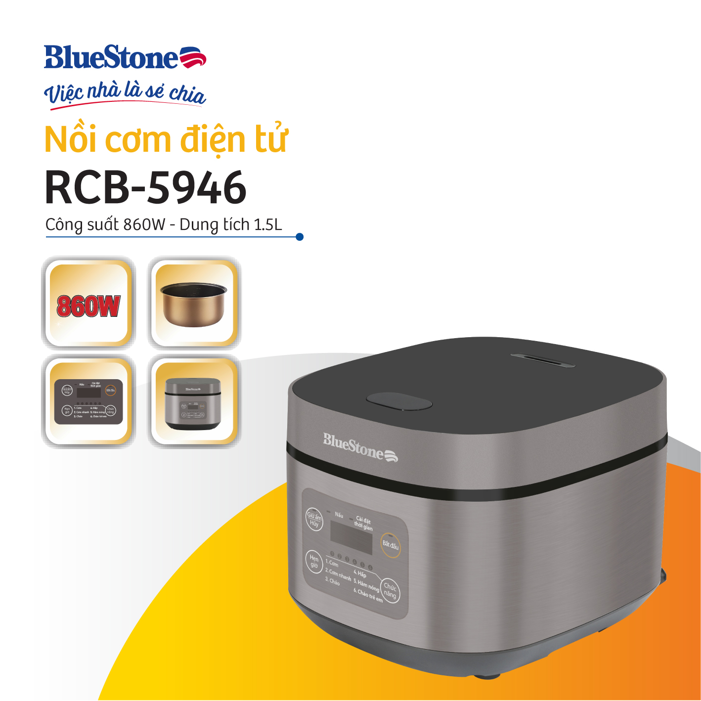 Nồi Cơm Điện Tử BlueStone RCB-5946 - Dung Tích 1,5 lít  - Công suất 860W - Lòng nồi phủ chống dính cao cấp an toàn sức khỏe - 6 chế độ cài đặt sẵn - Bảo hành 2 năm - Hàng chính hãng