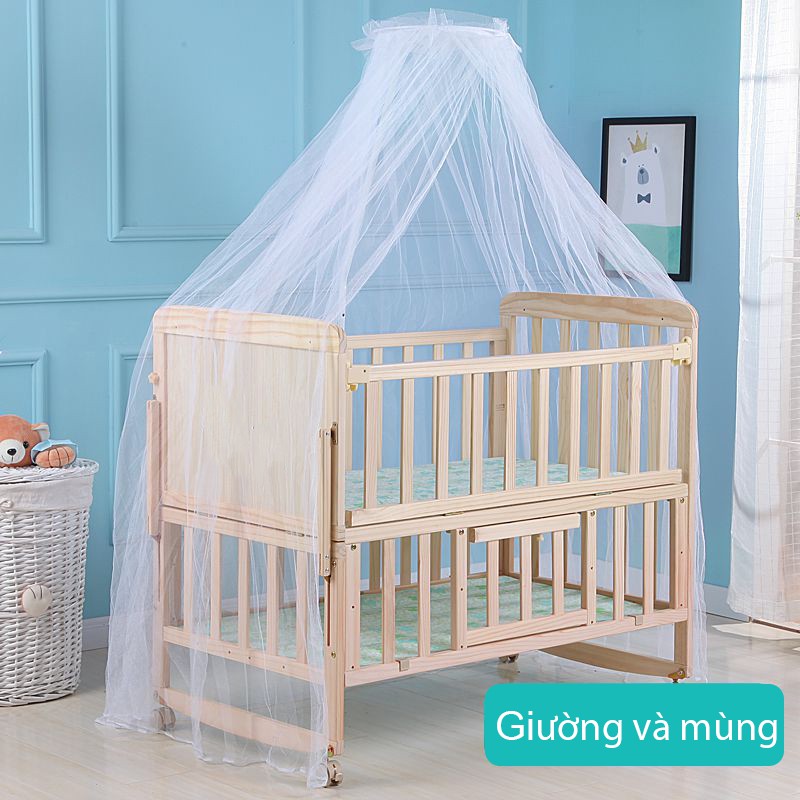 Giường cũi gỗ thông 2 tầng có bánh xe cho bé kèm màn chụp quây đệm Gd456 , Nôi giường trẻ em đa năng