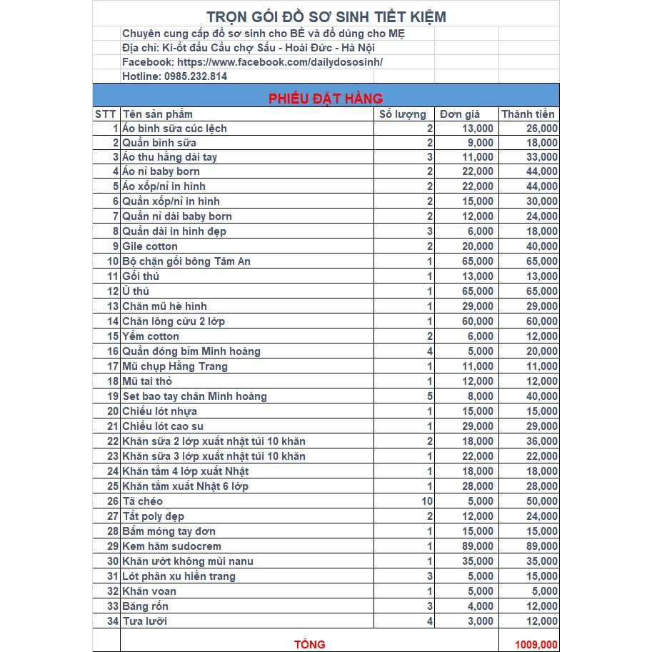 ĐỒ SƠ SINH TRỌN GÓI CHO BÉ MÃ 1000K