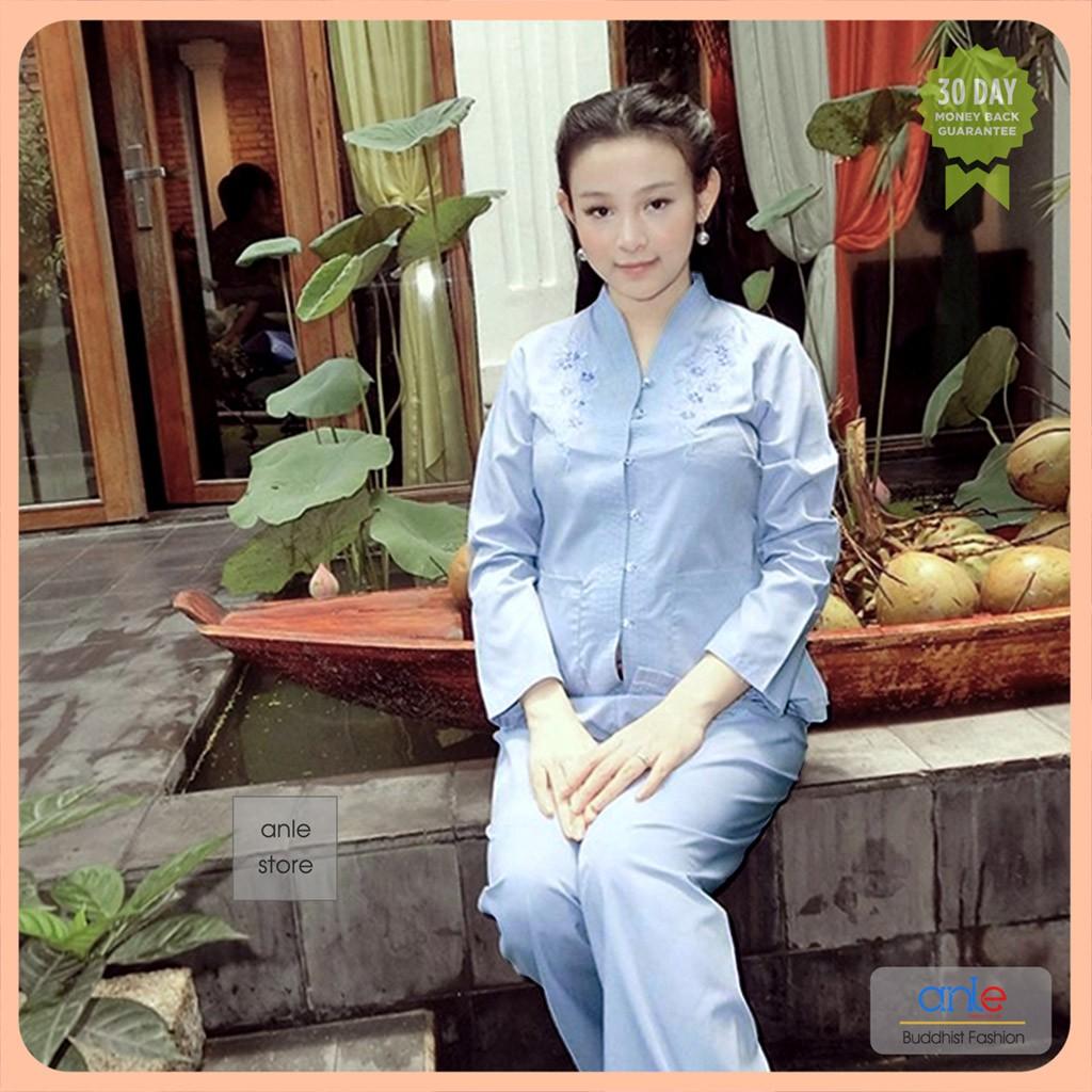 Đồ lam đi chùa Bộ Bà Lai Tôn Thêu Hoa - Bộ đồ đi chùa vải Tôn Mát co dãn Thoải mái - Anle Store