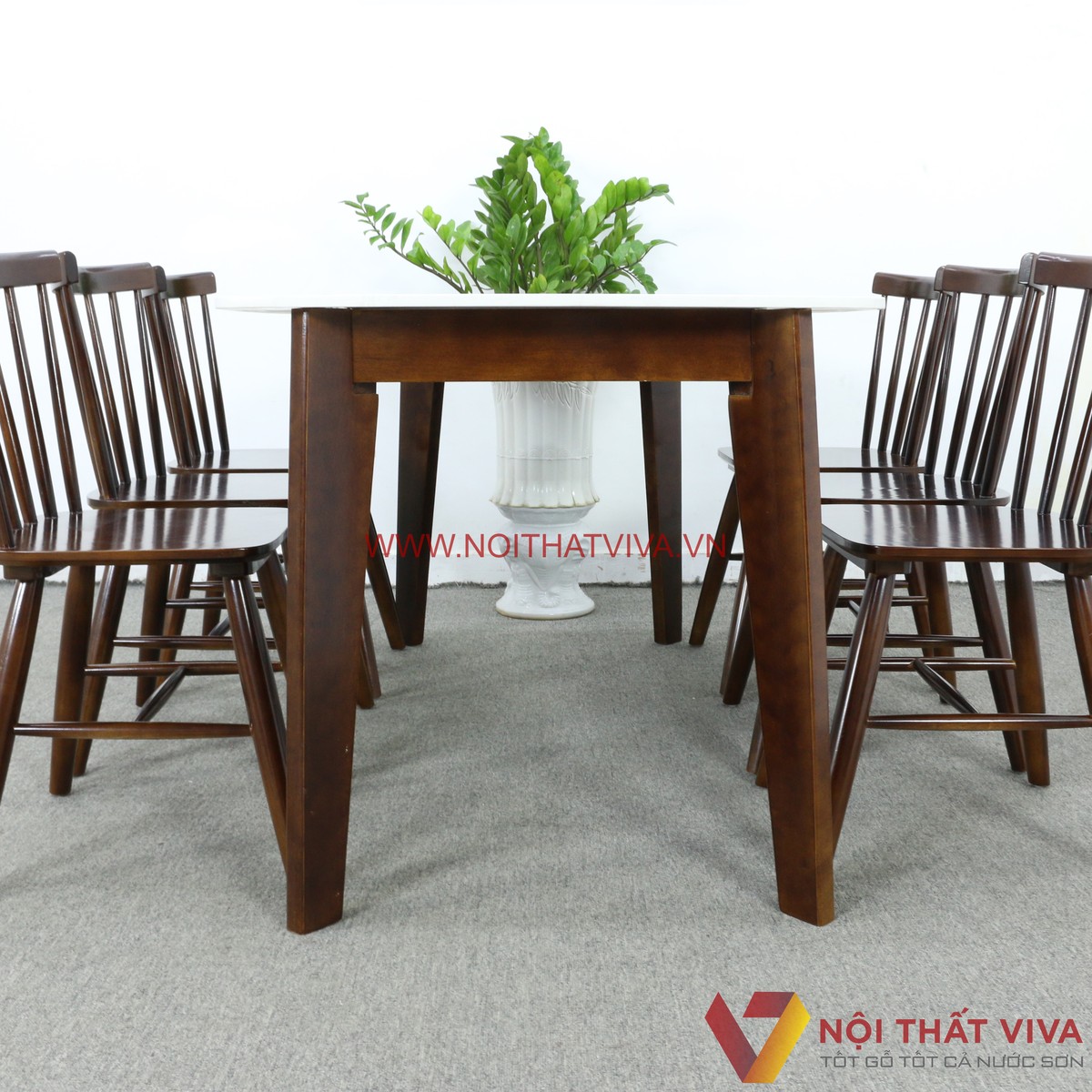 Bàn Ăn Mặt Đá Hoa Cương Chân Vát 6 Ghế Nan Gỗ Cao Su Bền Đẹp Hiện Đại