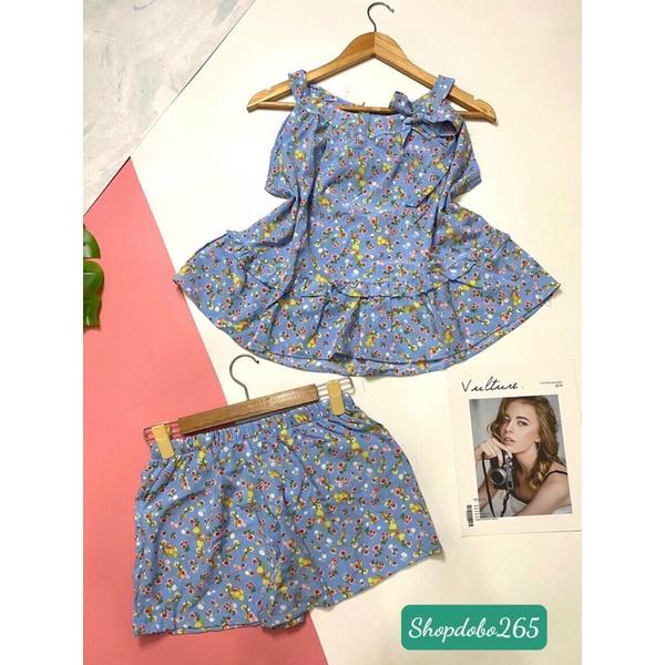 Set đồ nữ,đồ bộ nữ,đồ ngủ mặc nhà đùi vải lụa cổ yếm hoa nhí siêu cute.