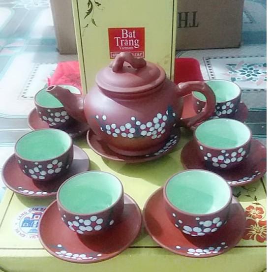 Bộ ấm chén đất nung bát tràng hoa đào cao cấp