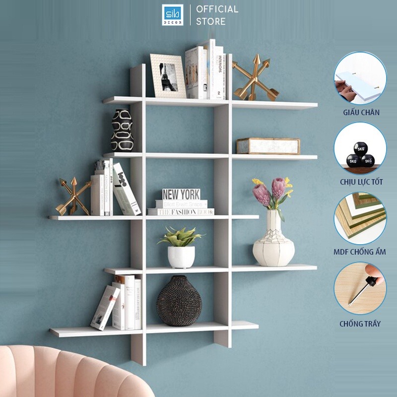 Kệ Sách Treo Tường Bất Đối Xứng 5 Tầng Cách Điệu SIB Decor KT333 – Trắng
