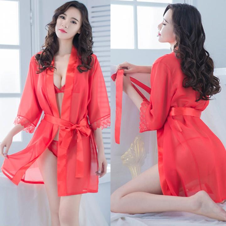 Set Áo Choàng ngủ sexy kèm bra và quần chip ren lọt khe quyến rũ với Màu Đen huyền bí kí