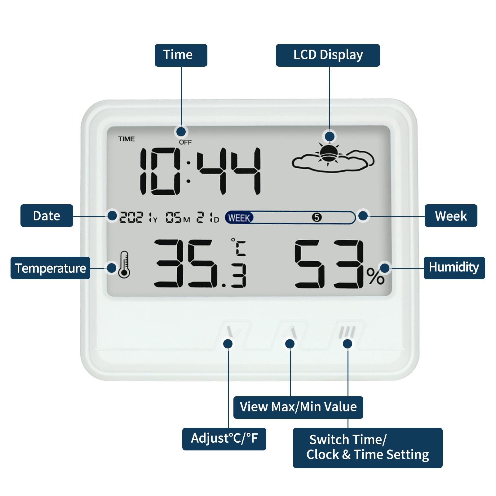 YS202 Indoor Hygrometer Thermometer with Time Date Week Backlight LCD Display Clock Calendar