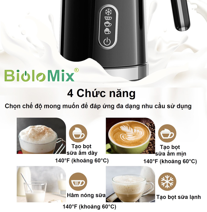 Máy đánh sữa tạo bọt nóng và lạnh 4 trong 1 thương hiệu Mỹ cao cấp Biolomix BMF101 500W - Hàng chính hãng