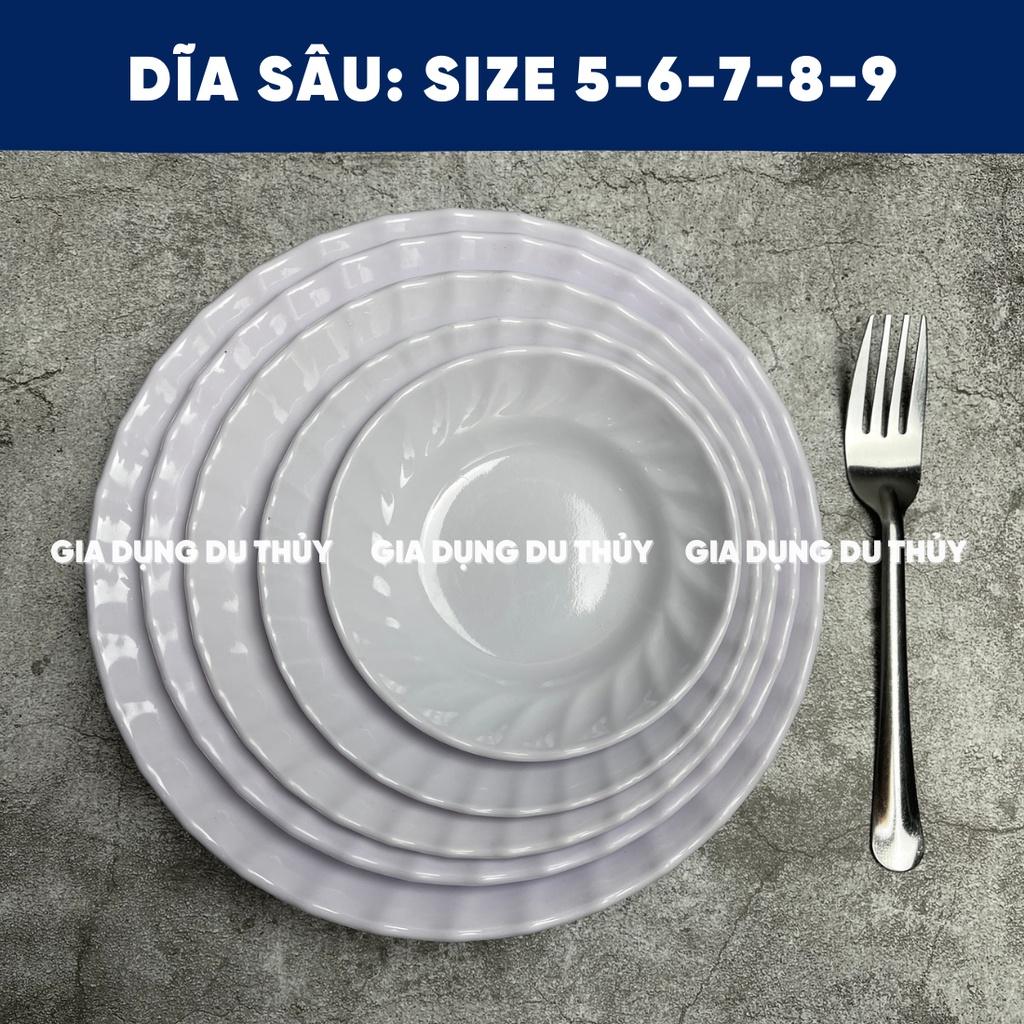 Dĩa Nhựa Melamine Đáy Sâu Màu Trắng, Vàng, Xanh, Bông Xanh, Bông Đỏ Chất Liệu Nhựa Phíp