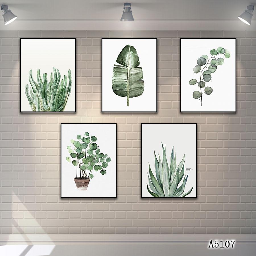 Bộ 5 tranh khung canvas treo tường cây lá nhiệt đới