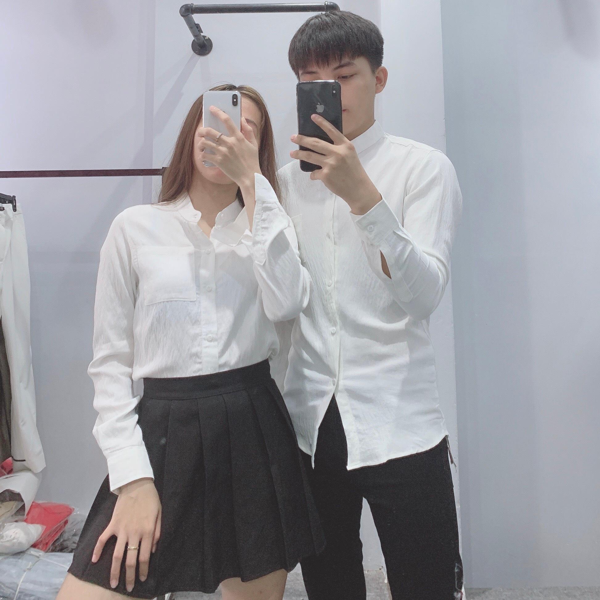 Áo Sơ Mi Nam Nữ  Cổ Tàu Màu Trắng