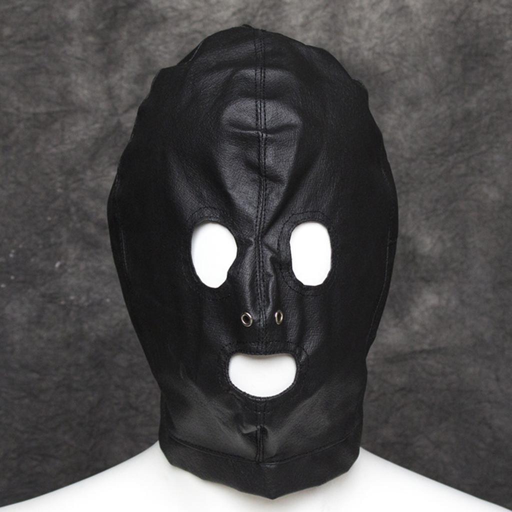 Unisex Adult Black Faux Leather Hood Mask Lace Up Full Head Face Cover Toys