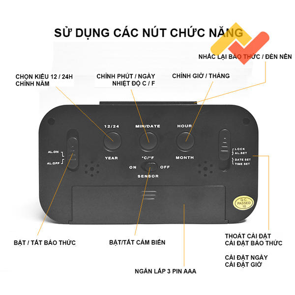 Đồng hồ báo thức đa chức năng để bàn màn hình led lớn rõ, thiết kế đẹp DH89P - Kèm 3 pin AAA