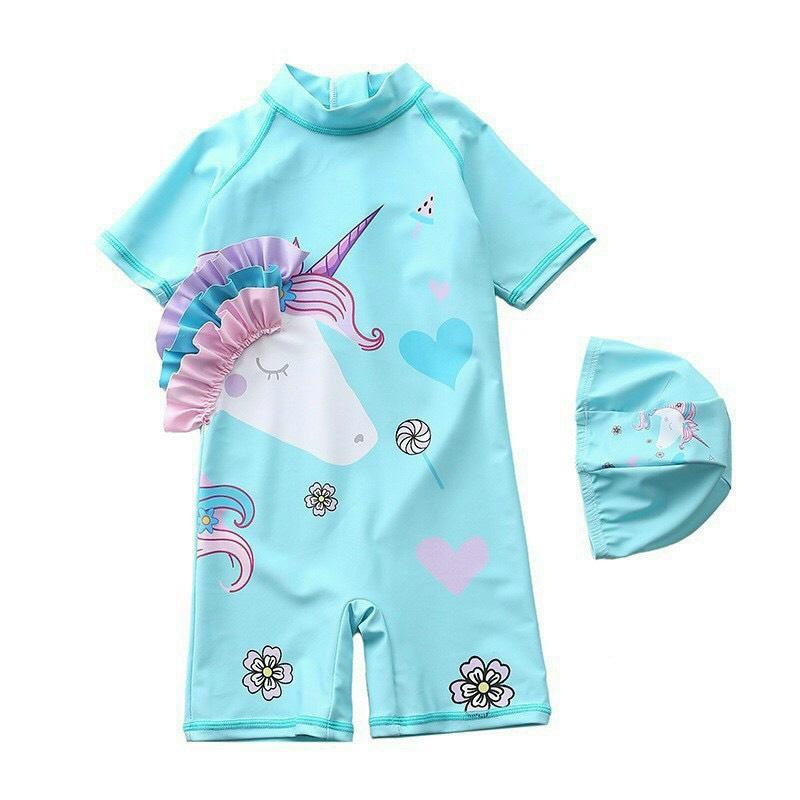 Đồ bơi bé gái liền thân unicorn xanh MS100180