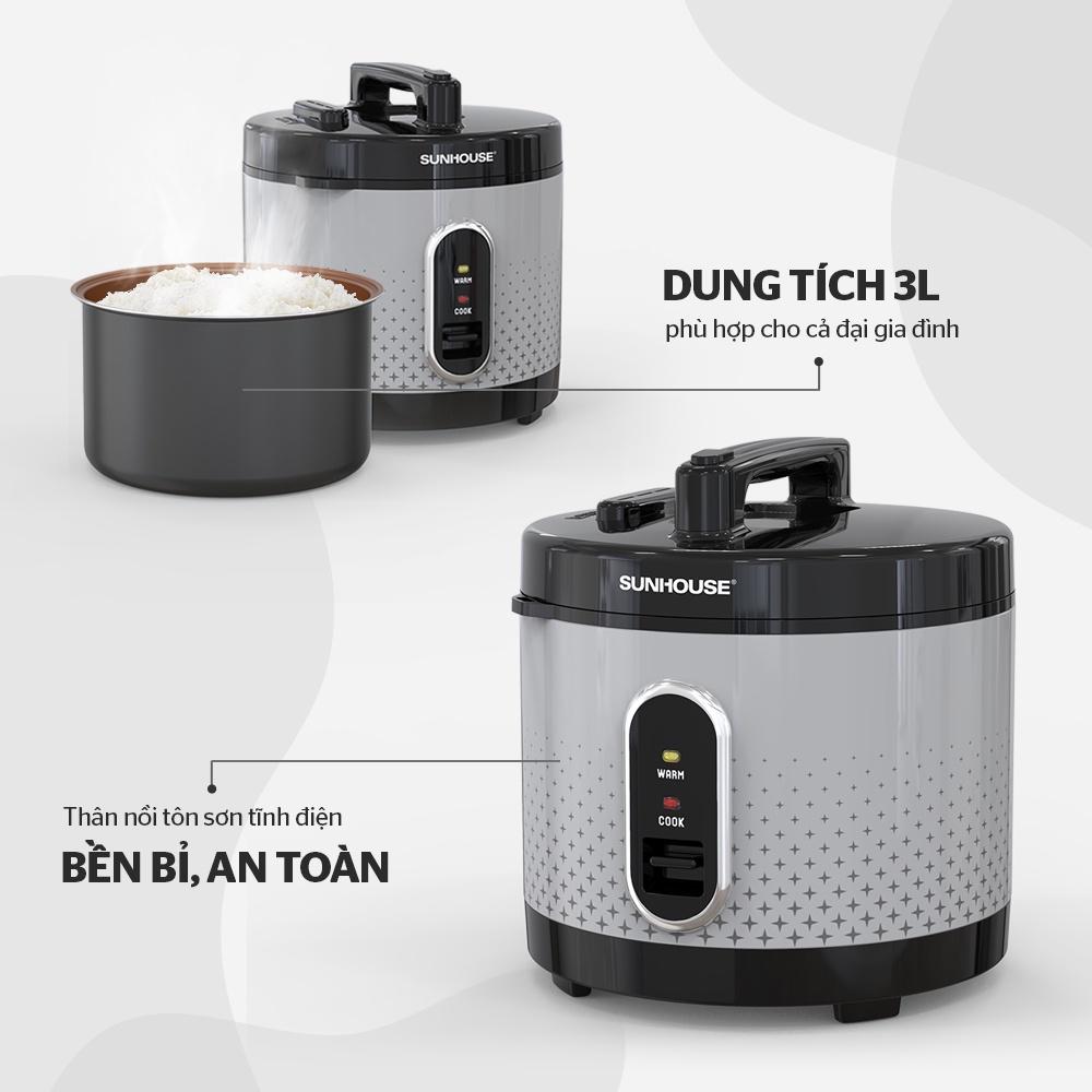 Nồi cơm điện Sunhouse SHD8306, Công suất 900W, Dung tích 3 lít, Lòng nồi phủ chống dính cao cấp, Hàng chính hãng - Bảo hành 12 tháng