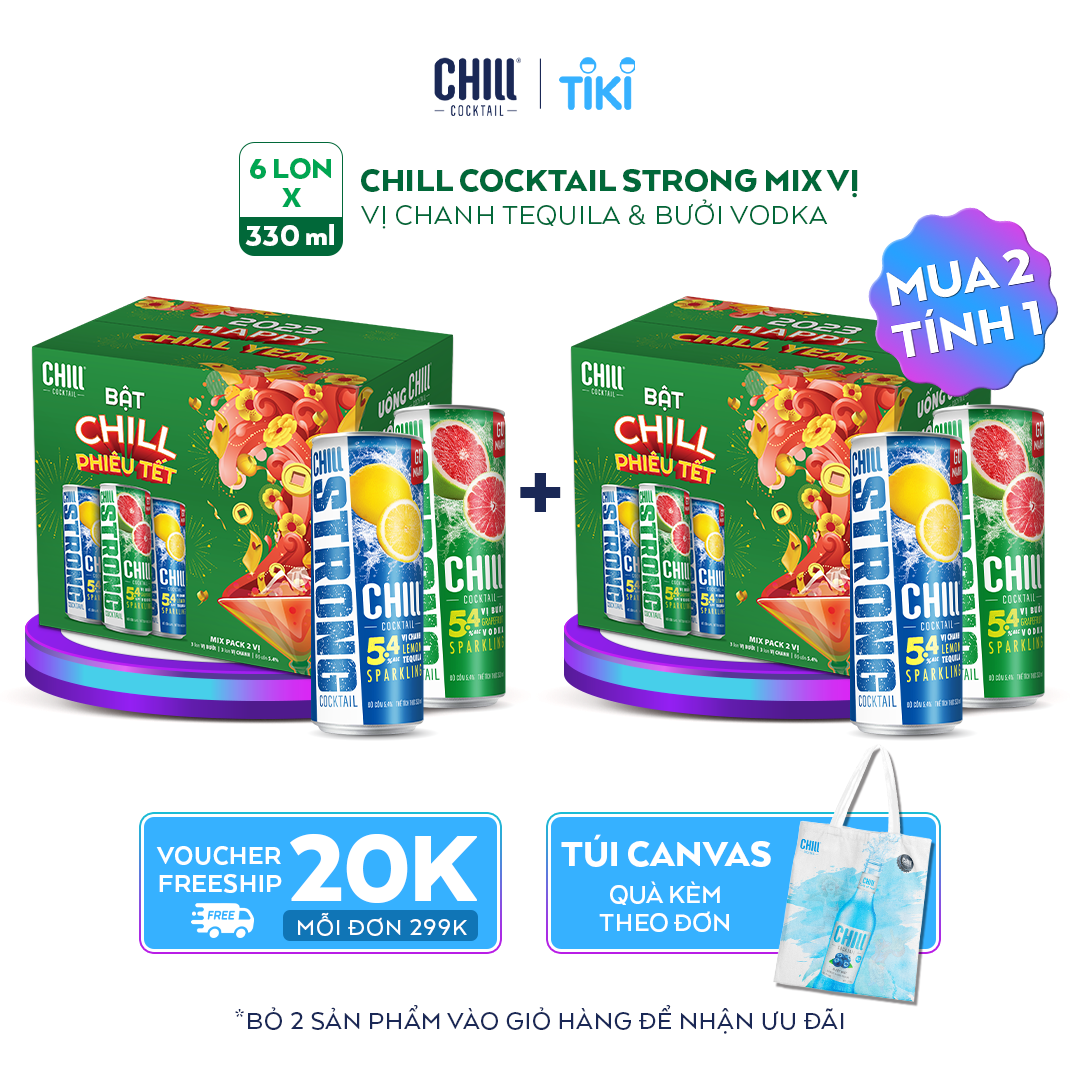 [BAO BÌ TẾT 2023] [MUA 2 TÍNH 1] Thùng 6 lon Chill Cocktail Strong mix vị Bưởi Vodka &amp; Chanh Tequila (330ml/lon)