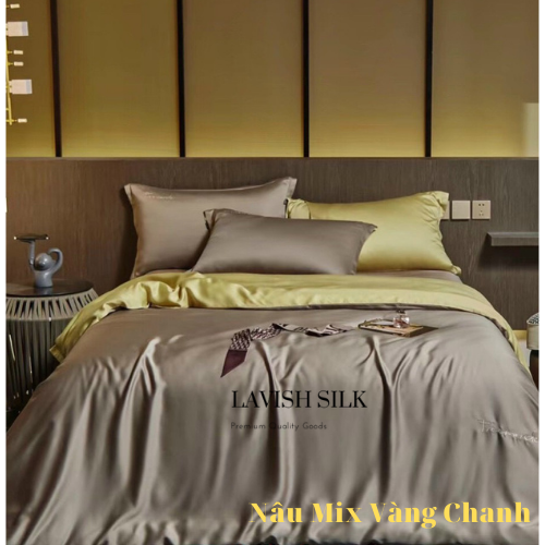Trọn Bộ Ga Gối Lụa Kèm Chăn Sẵn Ruột + Tặng Bộ Quà Tặng Lavish Silk Cao Cấp - Nâu Mix Vàng Chanh