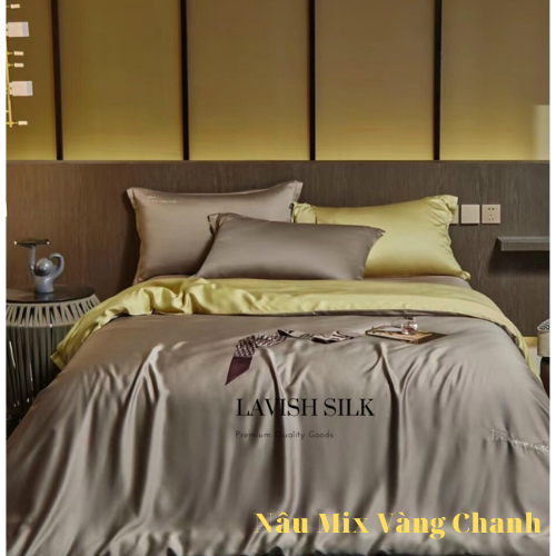 Trọn Bộ Ga Gối Lụa Kèm Chăn Sẵn Ruột + Tặng Bộ Quà Tặng Lavish Silk Cao Cấp - Nâu Mix Vàng Chanh