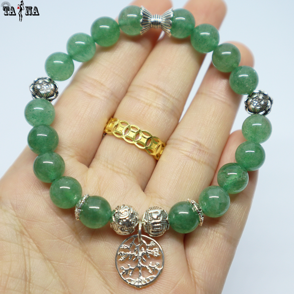 Vòng đá thạch anh dâu tây xanh 3A charm bạc 925 cao cấp