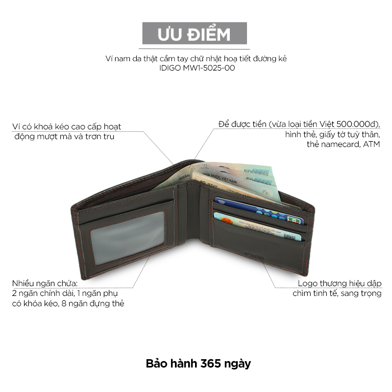Ví nam da thật cầm tay chữ nhật hoạ tiết đường kẻ IDIGO MW1-5025-00