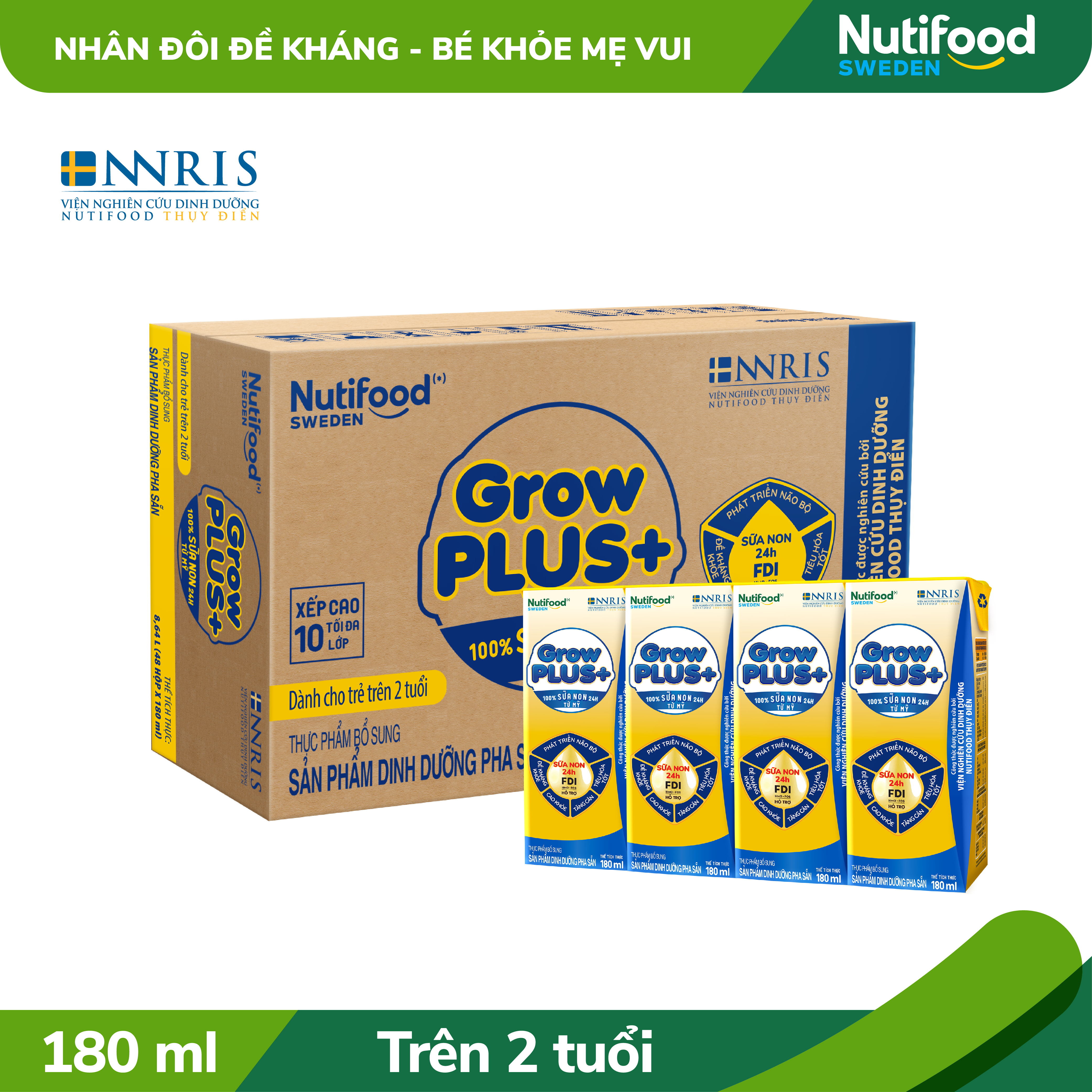 Thùng sữa bột pha sẵn Nutifood GrowPLUS+ Sữa Non Tăng Đề Kháng 2+ (48 hộp x 180ml)