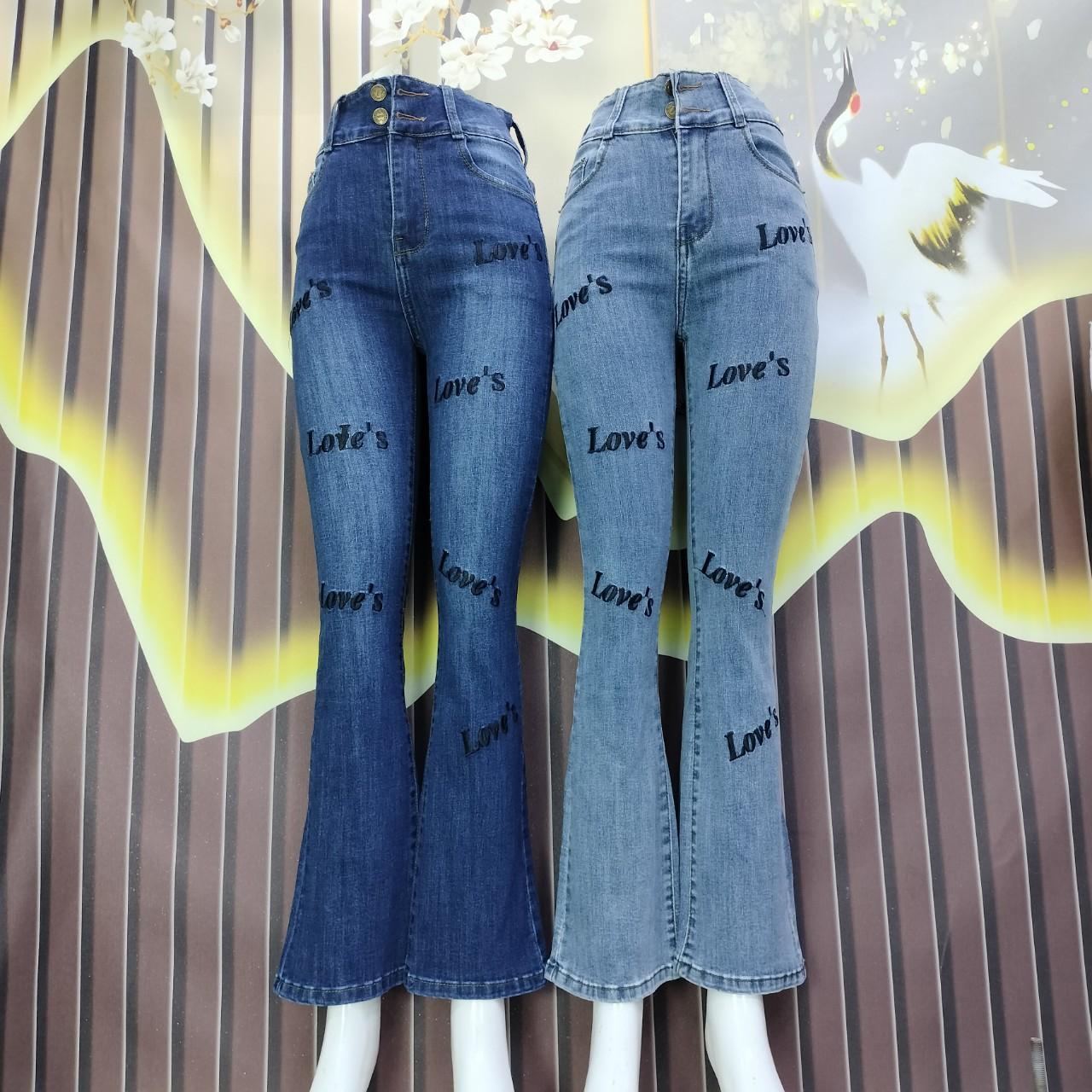 L20_ Quần Jean Nữ Loe Dài 95cm - 97cm thiết kế Thêu, QUẦN JEAN (BÒ) LOE (VẪY)  - Xanh Đậm
