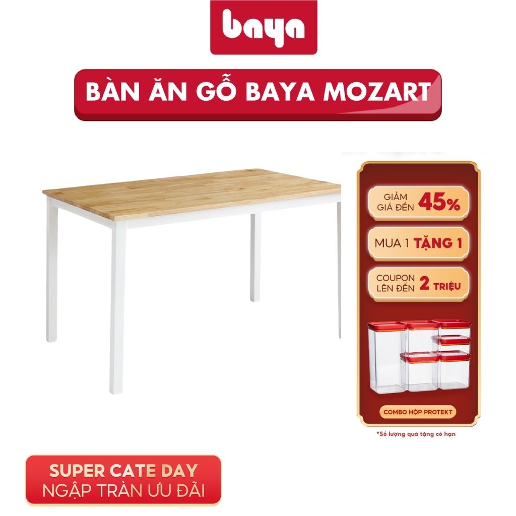 Bàn Ăn Gỗ BAYA Mozart Dining Table Hình Chữ Nhật Mặt Bàn Gỗ Cao Su Dẻo Dai, Chân Bàn Phủ Sơn