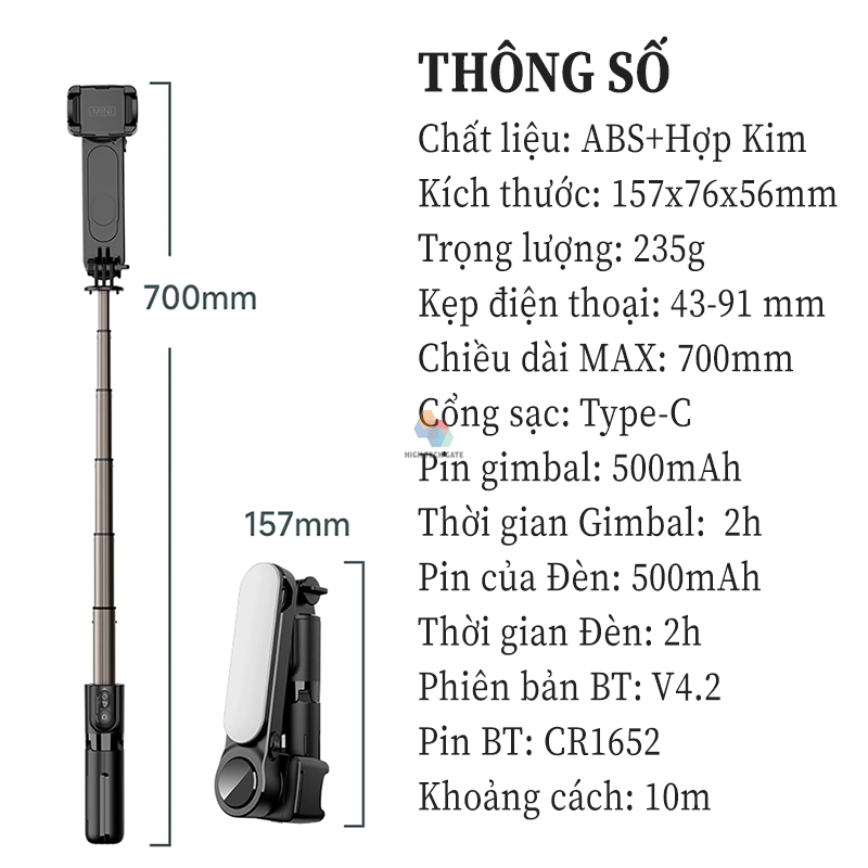 Gậy Chụp Hình Gimbal Chống Rung HIGH TECH GATE Q09 Mini Cầm Tay Du Lịch, Chụp Ảnh Tự Sướng Selfie, Quay Video, Livestream, Quay Tiktok Mọi Nơi, Có Đèn Sáng Tháo Rời, Hàng Chính Hãng